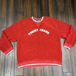 VTG Y2K Tommy Jeans Hilfiger Mens XXL Pullover Sweatshirt Fuzzy Fleece Crew Neck